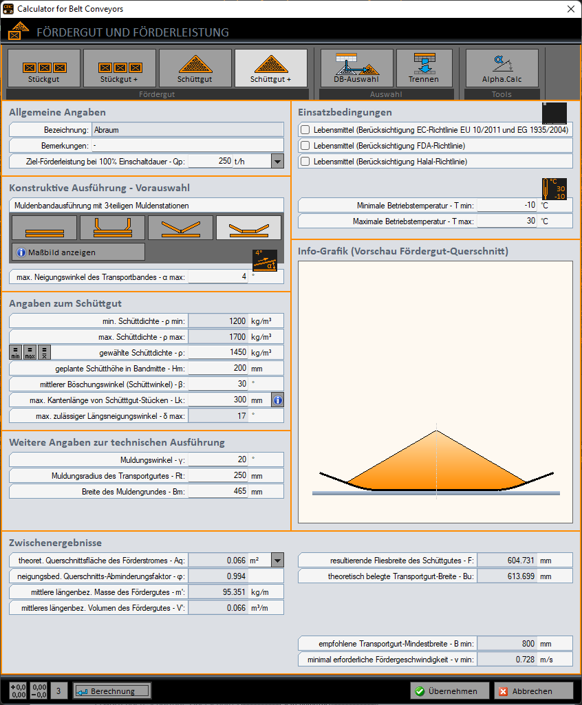 Calculator for Belt Conveyors - F&ouml;rdergut und F&ouml;rderleistung f&uuml;r Sch&uuml;ttg&uuml;ter