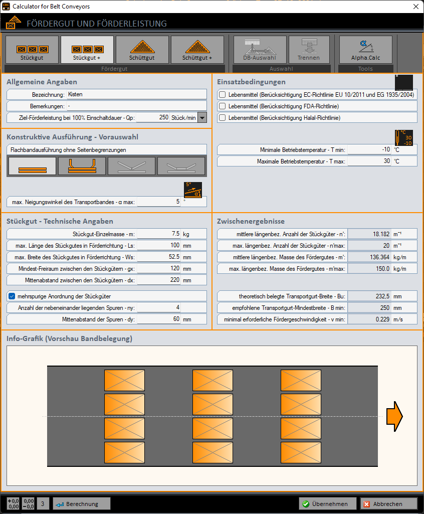 Calculator for Belt Conveyors - F&ouml;rdergut und F&ouml;rderleistung f&uuml;r St&uuml;ckg&uuml;ter