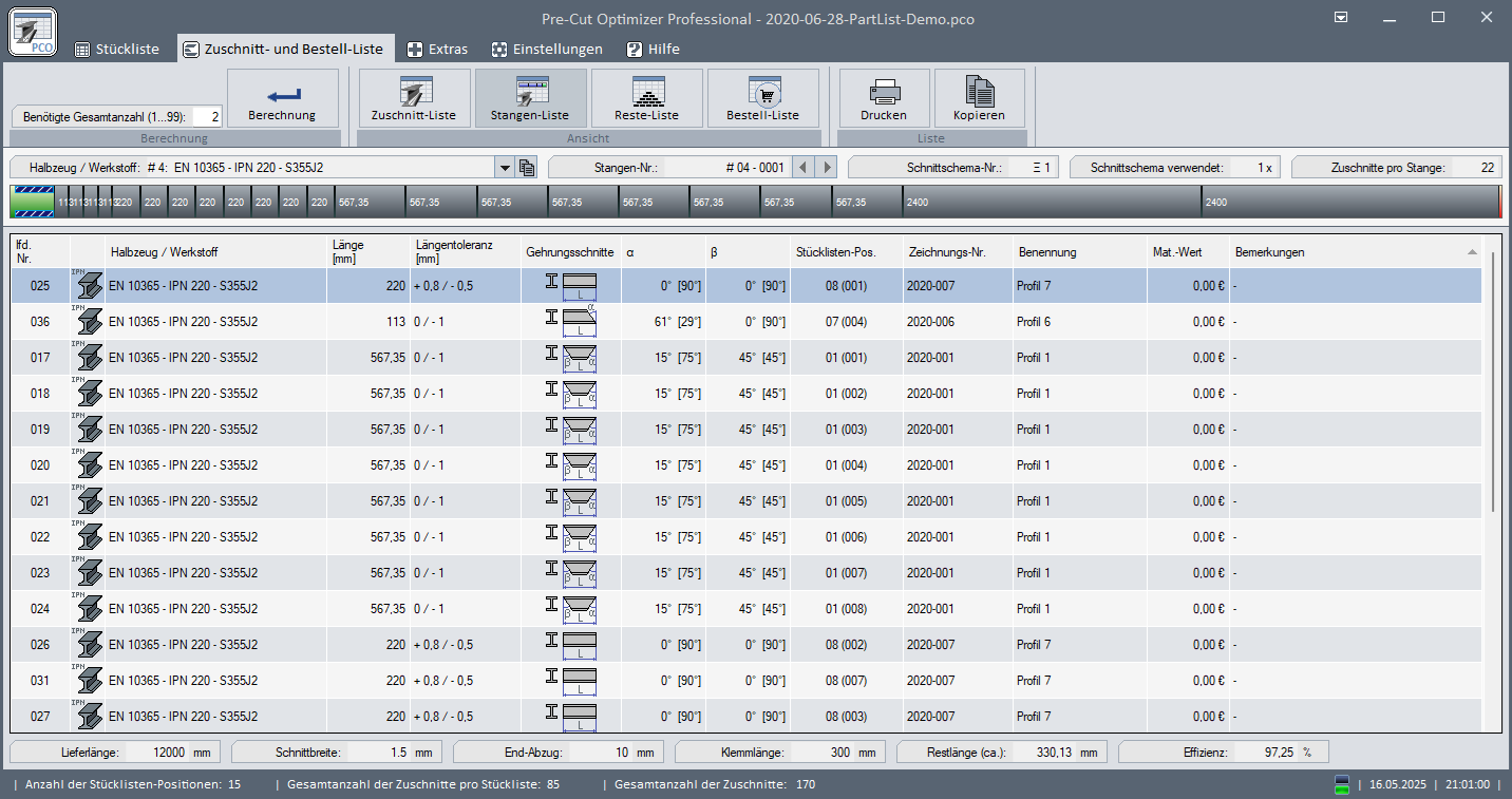 Pre-Cut Optimizer - Stangenliste (Zuschnitte)