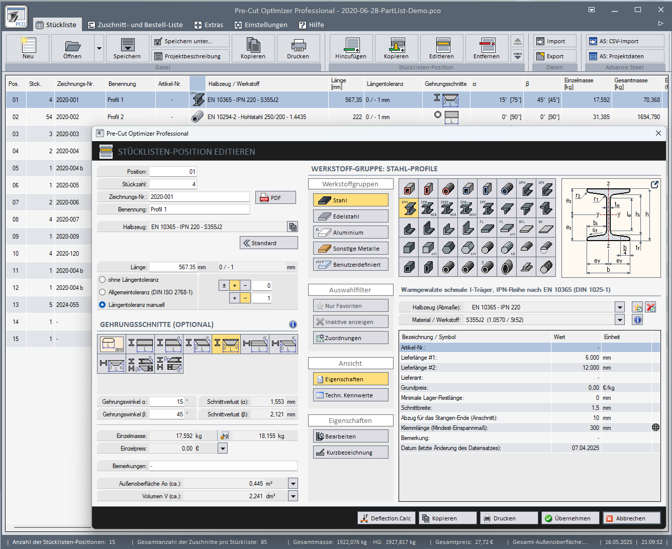 Pre-Cut Optimizer - St&uuml;cklisten-Hauptansicht + Position bearbeiten